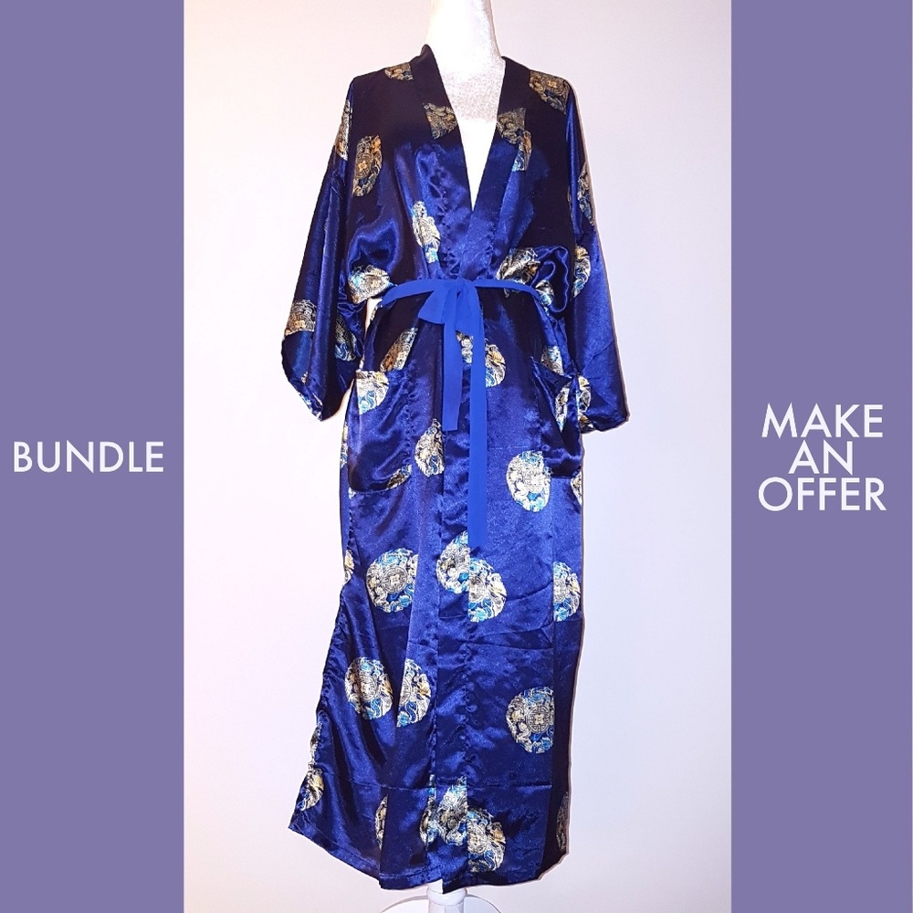 Authentic Asian Kimono Robe Silk Gold Blue XL
